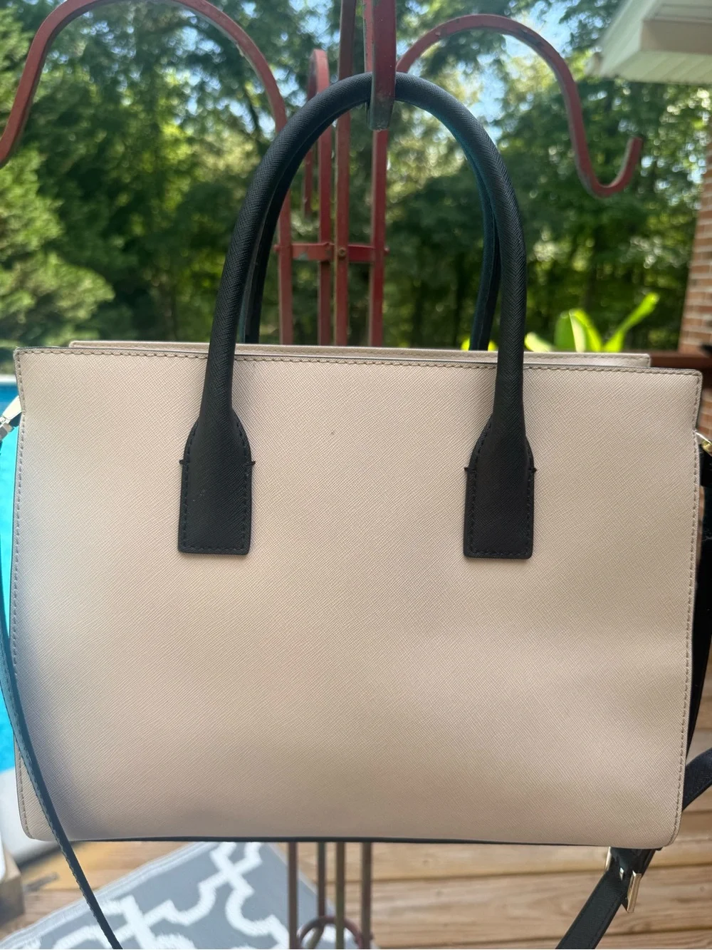 kate spade Two-Tone Pebbled Leather Satchel in Cream and Black